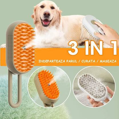 Perie cu Abur pentru Animale de Companie, 3 in 1, Masaj, Indeparteaza Parul, Curatare, Incarcare USB-C, Maner Rotativ