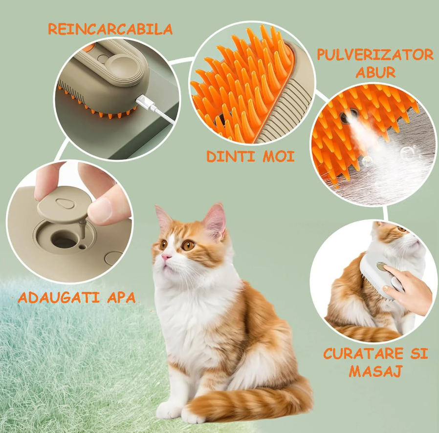 Perie cu Abur pentru Animale de Companie, 3 in 1, Masaj, Indeparteaza Parul, Curatare, Incarcare USB-C, Maner Rotativ