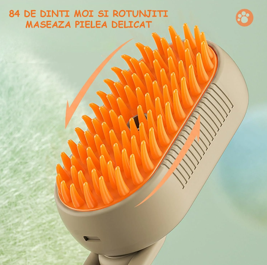 Perie cu Abur pentru Animale de Companie, 3 in 1, Masaj, Indeparteaza Parul, Curatare, Incarcare USB-C, Maner Rotativ