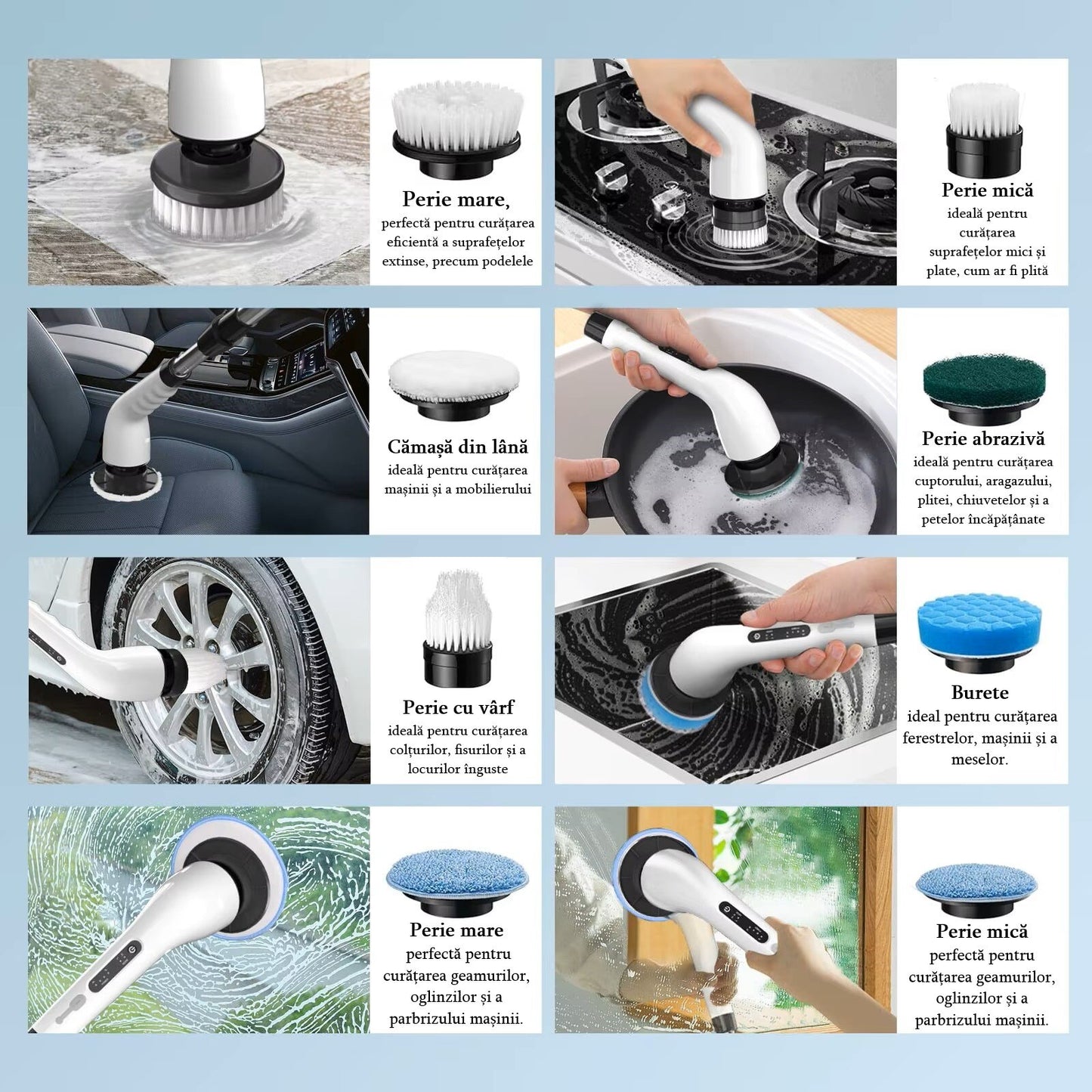 Perie electrica reincarcabila 7 in 1 pentru curatare si lustruire universala, ajustabila, alba