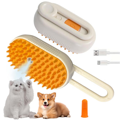 Perie cu Abur pentru Animale de Companie, 3 in 1, Masaj, Indeparteaza Parul, Curatare, Incarcare USB-C, Maner Rotativ